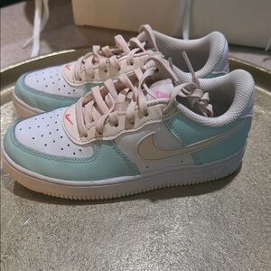 Nike Air Force 1 Low in White, Light Blue, and Pink
